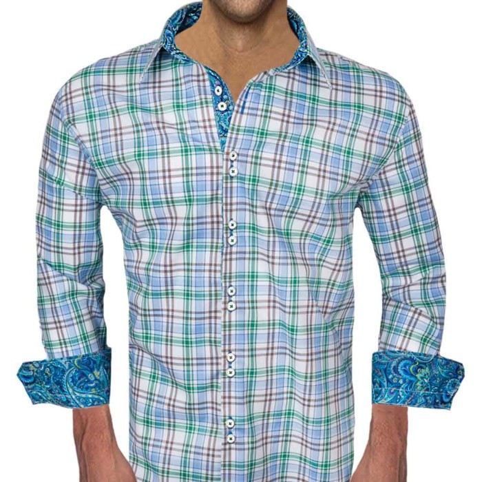 Green Blue Plaid Dress Shirts