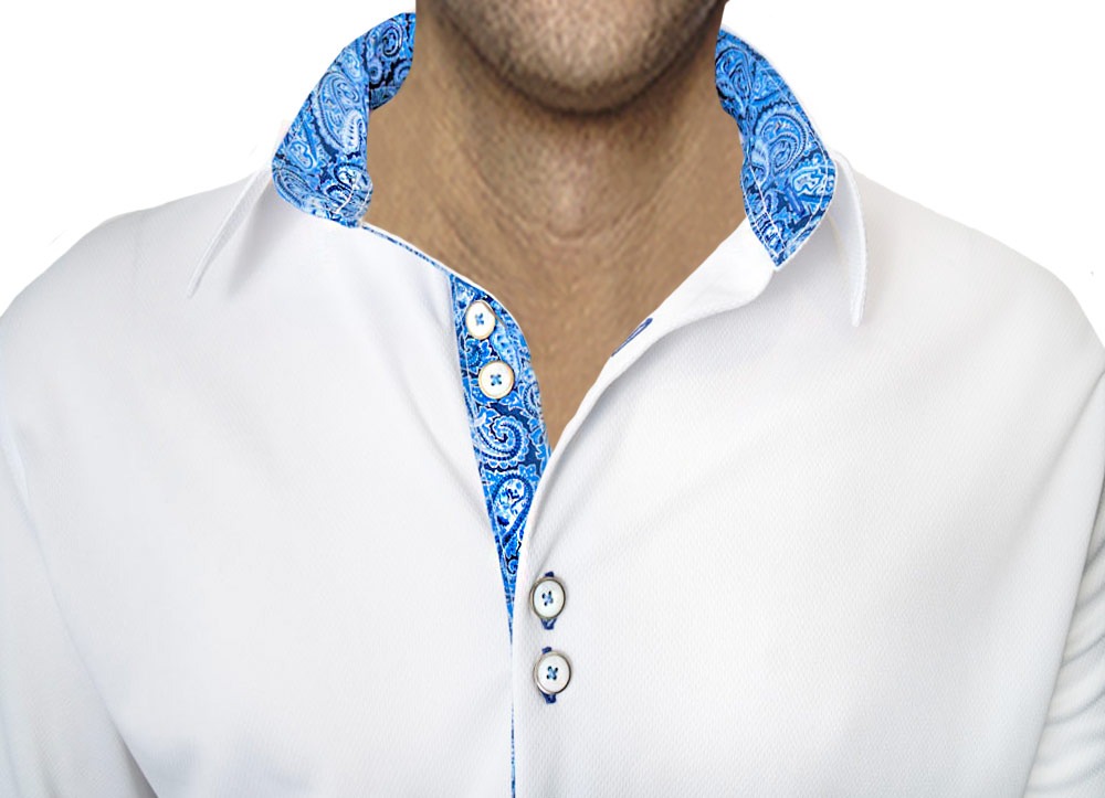 Celino Blue & White Men's Slim Fit Short Sleeve Dress Shirt Made in Europe 