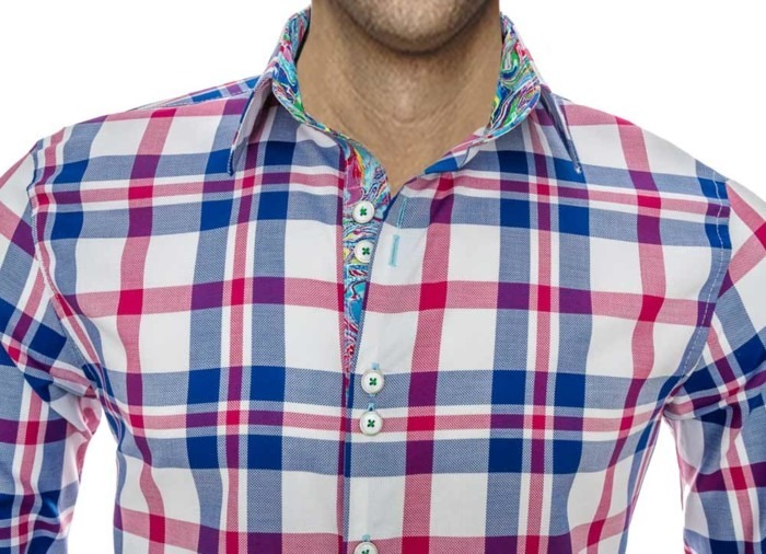 New Mens Checkered Plaid Dress Shirt Spread Collar Slim Fit Tailored AZAR 8502 