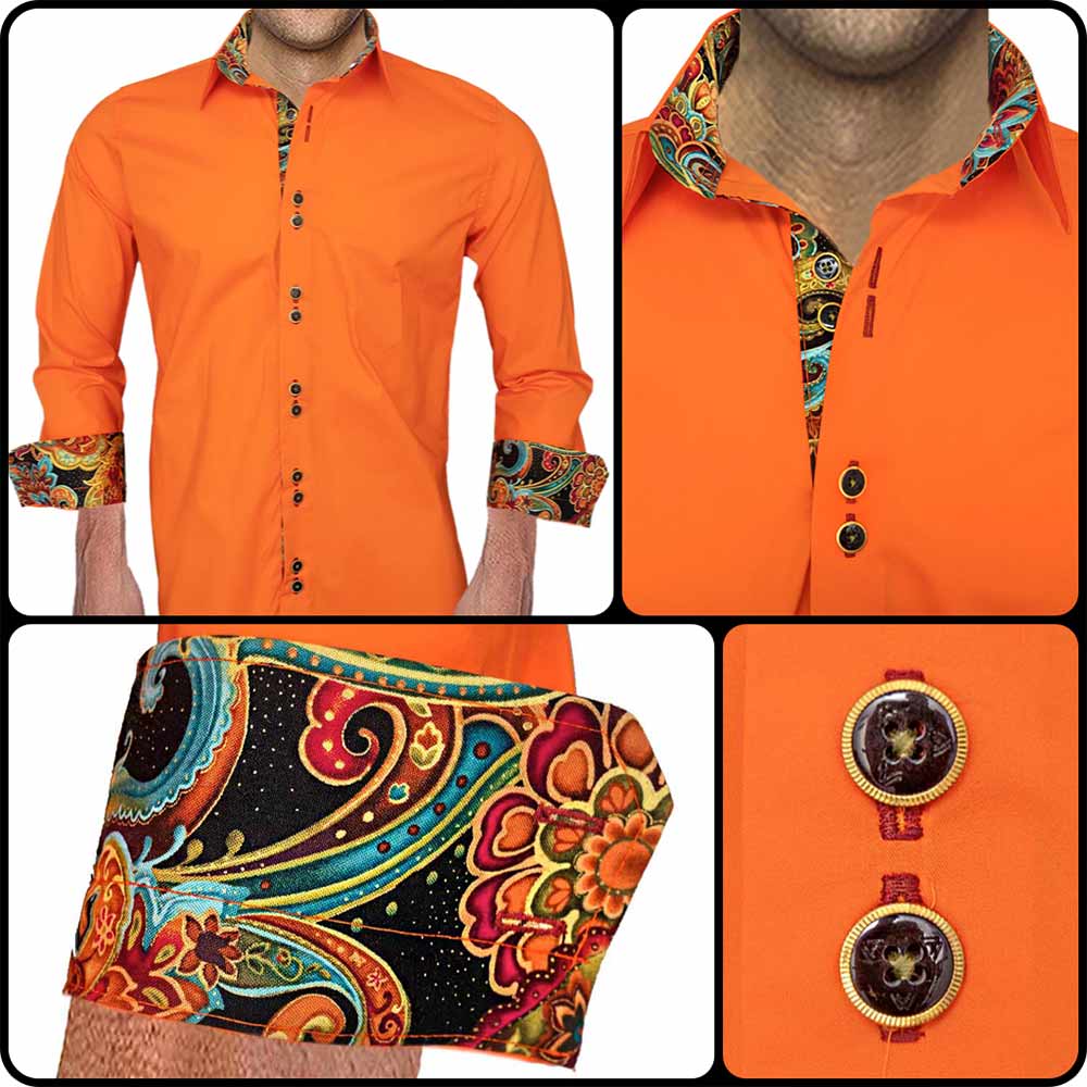Bright Orange with Multi-Color Accent Dress Shirts